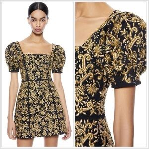 Alice + Olivia Kristian Black and Gold Embroidered Sequin Floral Mini Dr…